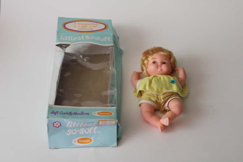 photo of vintage Uneeda baby doll, blonde bubble cut hair, soft body little doll in orig pkg 1970s  #1