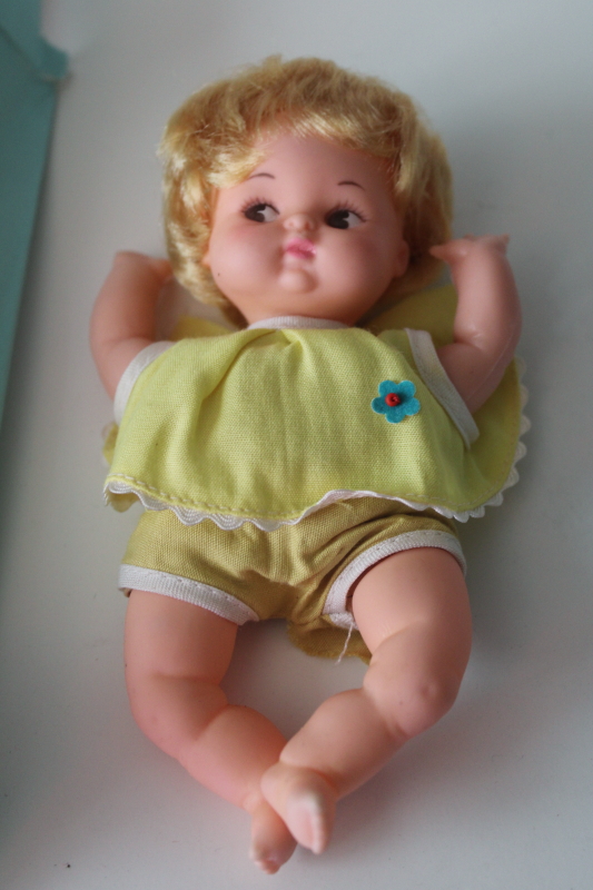 photo of vintage Uneeda baby doll, blonde bubble cut hair, soft body little doll in orig pkg 1970s  #2