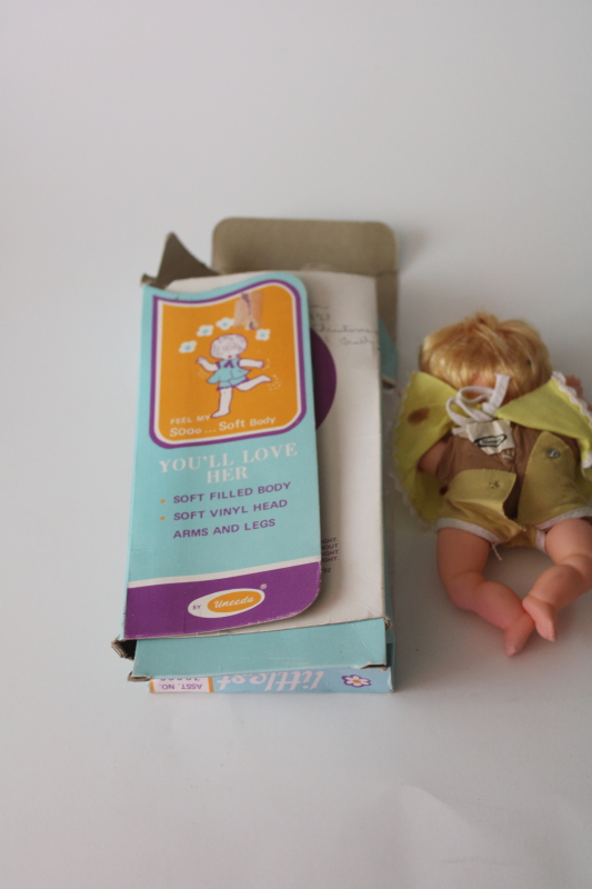 photo of vintage Uneeda baby doll, blonde bubble cut hair, soft body little doll in orig pkg 1970s  #3