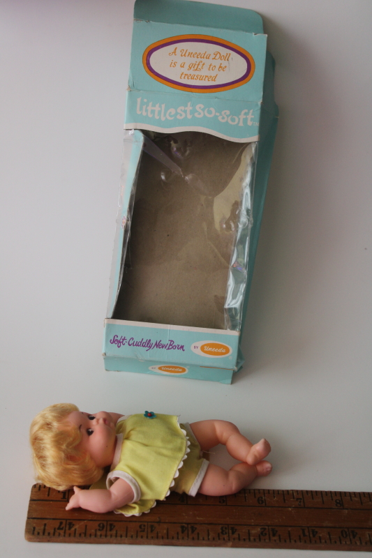 photo of vintage Uneeda baby doll, blonde bubble cut hair, soft body little doll in orig pkg 1970s  #6