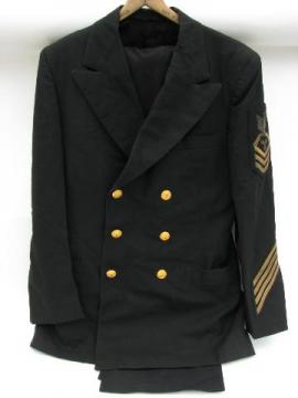catalog photo of vintage United States Navy coat & pants w/metal bullion patch & stripes