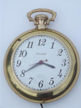 catalog photo of vintage United electric pocket watch wall clock, metal w/ convex glass