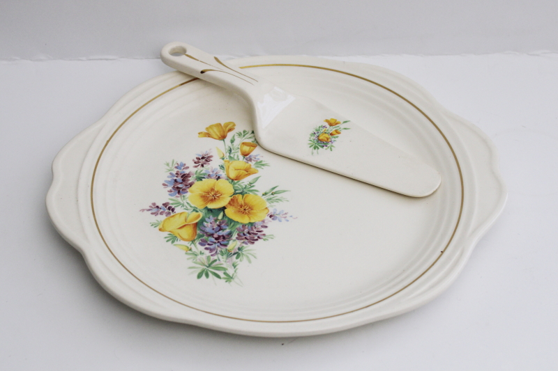 photo of vintage Universal pottery cake plate & server, California poppies & lupines floral #1