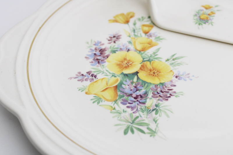 photo of vintage Universal pottery cake plate & server, California poppies & lupines floral #2