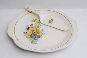 vintage Universal pottery cake plate & server, California poppies & lupines floral