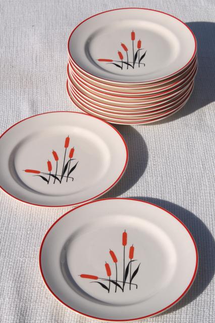 photo of vintage Universal pottery cattail pattern red cat tails, 12 bread and butter plates #2