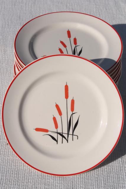 photo of vintage Universal pottery cattail pattern red cat tails, 12 bread and butter plates #3