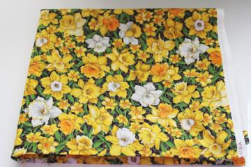 catalog photo of vintage VIP Cranston cotton fabric, spring floral field of daffodils print on black background 