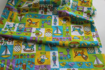 catalog photo of vintage VIP print cotton canvas fabric, retro toys in bright lime, yellow, lavender, aqua