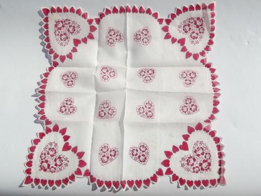 photo of vintage Valentine's Day print cotton handkerchief, red hearts hanky #2