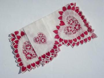 catalog photo of vintage Valentine's Day print cotton handkerchief, red hearts hanky