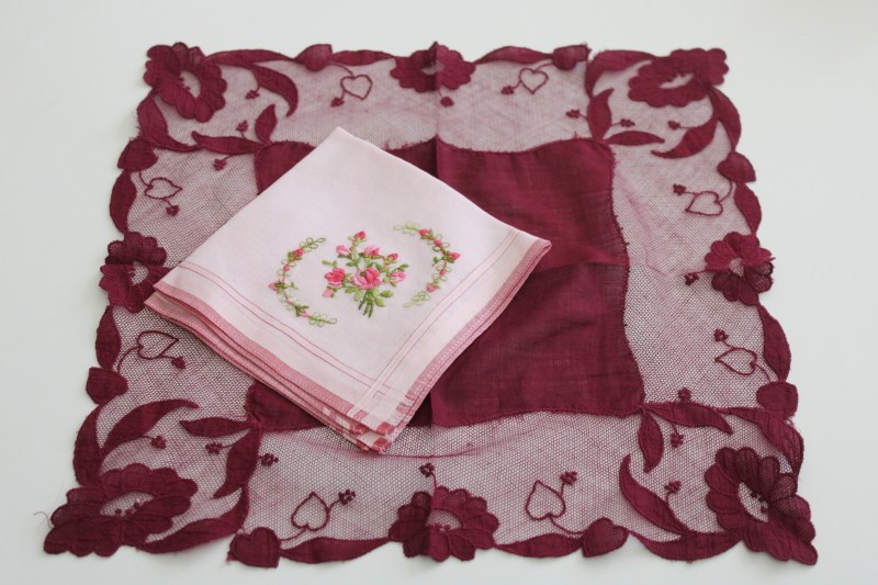 photo of vintage Valentines day hankies, embroidered flowers on pink, burgundy cotton heart lace #1