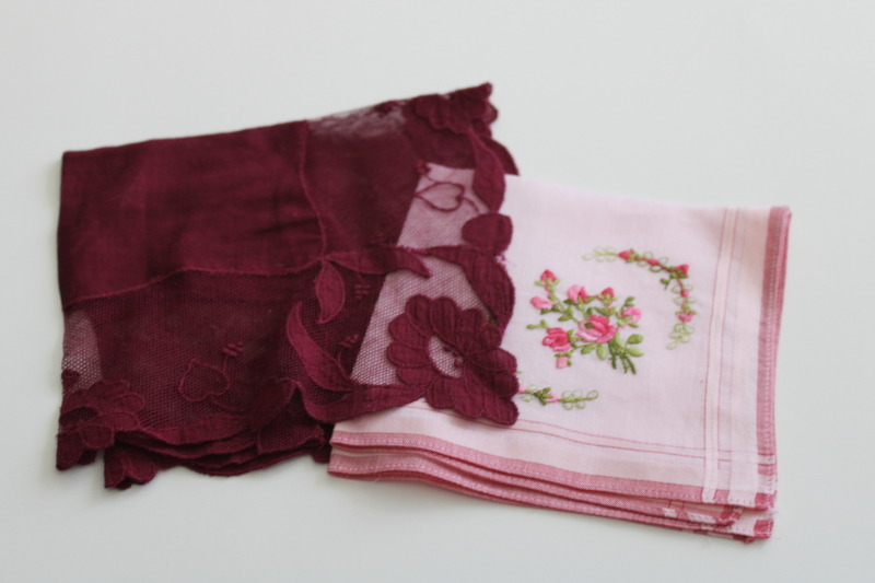 photo of vintage Valentines day hankies, embroidered flowers on pink, burgundy cotton heart lace #3