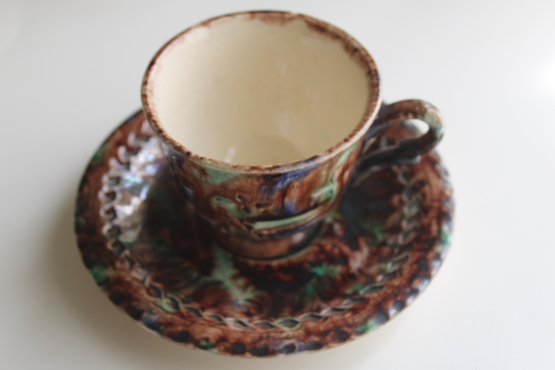 photo of vintage Valkenburg Holland souvenir cup and saucer, ceramic splatterware brown green blue  #1