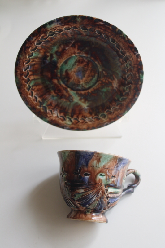 photo of vintage Valkenburg Holland souvenir cup and saucer, ceramic splatterware brown green blue  #3