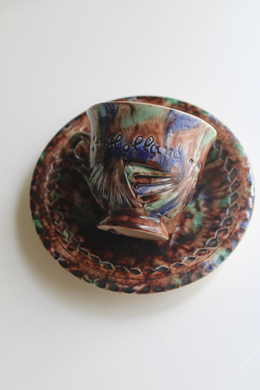 photo of vintage Valkenburg Holland souvenir cup and saucer, ceramic splatterware brown green blue  #6