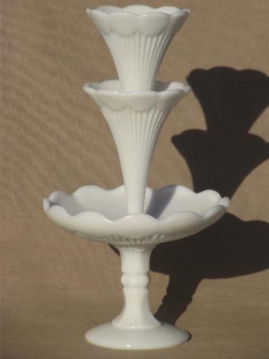 photo of vintage Vallerysthal milk glass epergne, French flower vase w/ two horns #1