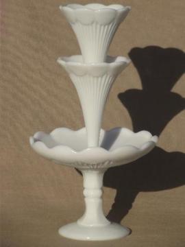 catalog photo of vintage Vallerysthal milk glass epergne, French flower vase w/ two horns