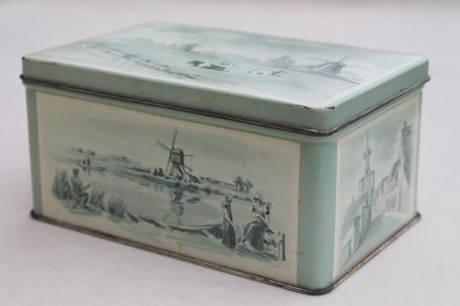 photo of vintage Van Dungen's dutch chocolate tin, Holland delft scene of cows in blue & white #1