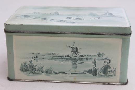 photo of vintage Van Dungen's dutch chocolate tin, Holland delft scene of cows in blue & white #2