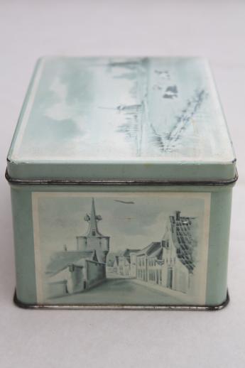 photo of vintage Van Dungen's dutch chocolate tin, Holland delft scene of cows in blue & white #3