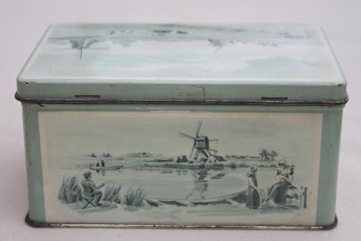 photo of vintage Van Dungen's dutch chocolate tin, Holland delft scene of cows in blue & white #4