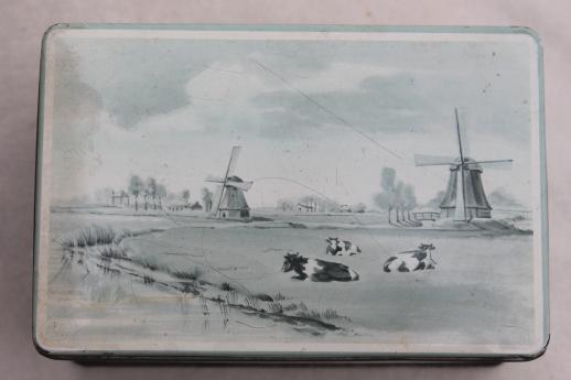 photo of vintage Van Dungen's dutch chocolate tin, Holland delft scene of cows in blue & white #6