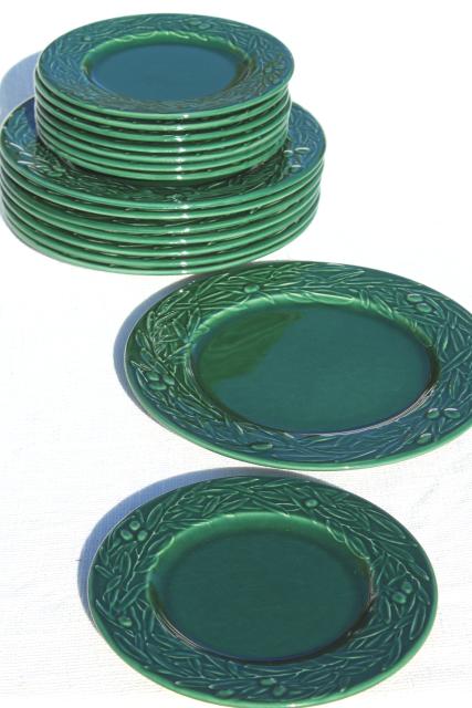 photo of vintage Varages French pottery plates, green embossed leaves olive leaf wreath pattern #1