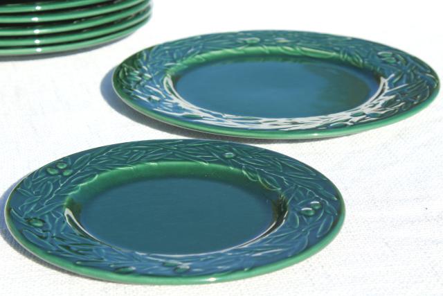 photo of vintage Varages French pottery plates, green embossed leaves olive leaf wreath pattern #2