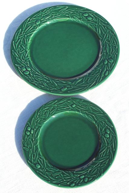 photo of vintage Varages French pottery plates, green embossed leaves olive leaf wreath pattern #3