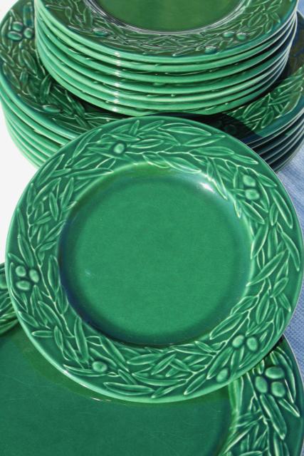 photo of vintage Varages French pottery plates, green embossed leaves olive leaf wreath pattern #5