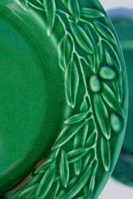 photo of vintage Varages French pottery plates, green embossed leaves olive leaf wreath pattern #6