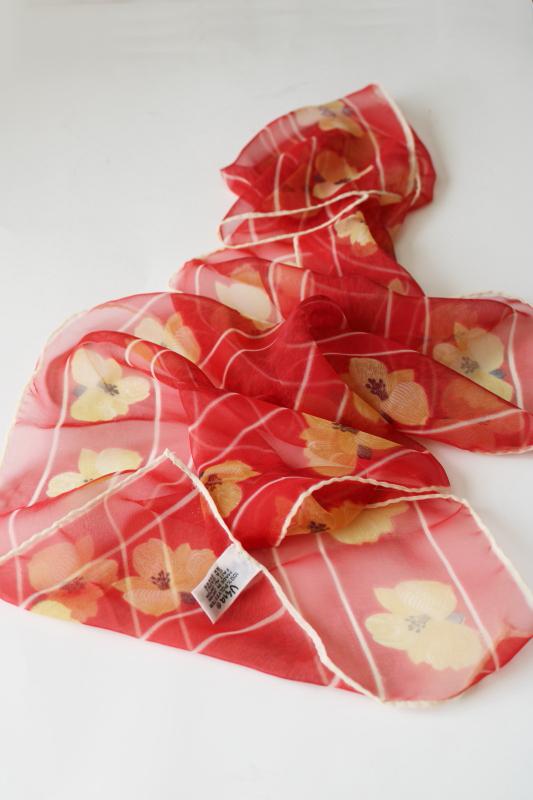 photo of vintage Vera Neumann flowered print long rectangle scarf, sheer poly chiffon #1