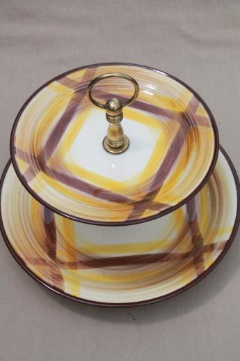 photo of vintage Vernon Kilns Organdie brown & yellow plaid pottery tiered tray serving plate #1