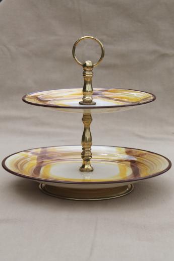 photo of vintage Vernon Kilns Organdie brown & yellow plaid pottery tiered tray serving plate #2