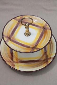 catalog photo of vintage Vernon Kilns Organdie brown & yellow plaid pottery tiered tray serving plate