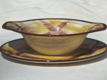 catalog photo of vintage Vernon Kilns pottery plate & bowl, Organdie brown & yellow plaid