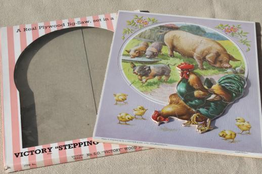 photo of vintage Victory / JW Spear wood jigsaw puzzle, farm scene hen & rooster Stepping Ou #1