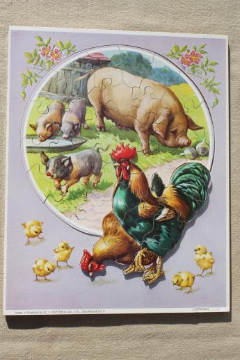 photo of vintage Victory / JW Spear wood jigsaw puzzle, farm scene hen & rooster Stepping Ou #2