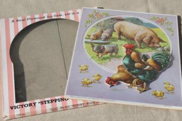 catalog photo of vintage Victory / JW Spear wood jigsaw puzzle, farm scene hen & rooster Stepping Ou