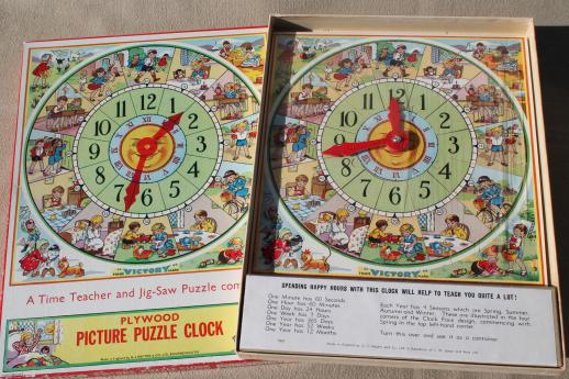 photo of vintage Victory wood jigsaw puzzle, teaching time clock children's jig-saw puzzle #1