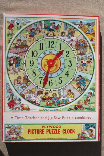 photo of vintage Victory wood jigsaw puzzle, teaching time clock children's jig-saw puzzle #2