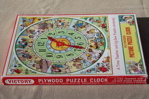 photo of vintage Victory wood jigsaw puzzle, teaching time clock children's jig-saw puzzle #3