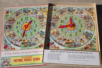 catalog photo of vintage Victory wood jigsaw puzzle, teaching time clock children's jig-saw puzzle