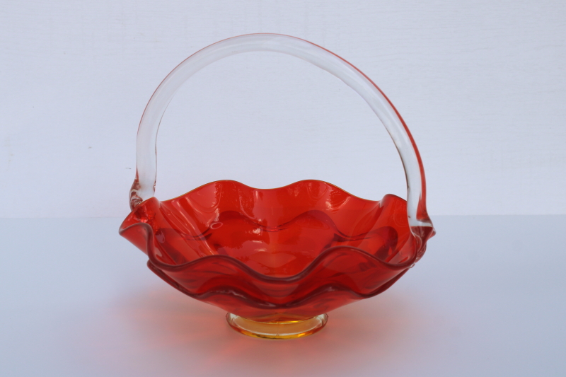 photo of vintage Viking art glass, amberina orange glass basket fruit bowl  #1