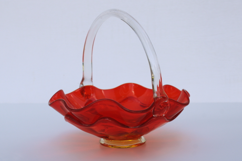 photo of vintage Viking art glass, amberina orange glass basket fruit bowl  #3