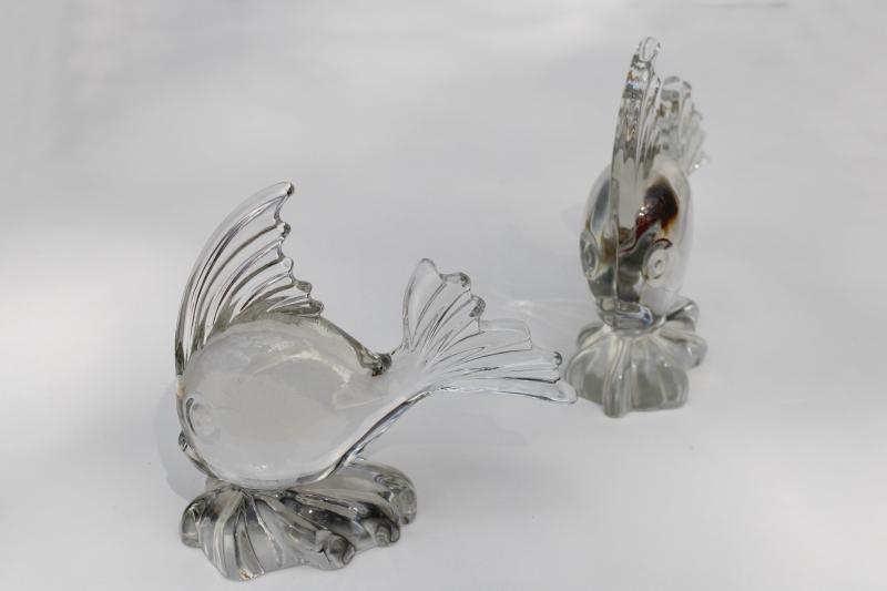 photo of vintage Viking art glass angel fish, crystal clear glass angelfish pair #1