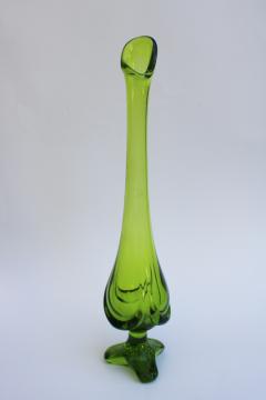 catalog photo of vintage Viking art glass swung vase, Epic drape retro moss lime green glass bud vase