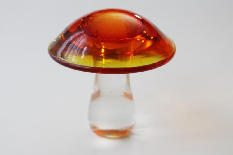 photo of vintage Viking glass mushroom paperweight, amberina red orange shaded color #1