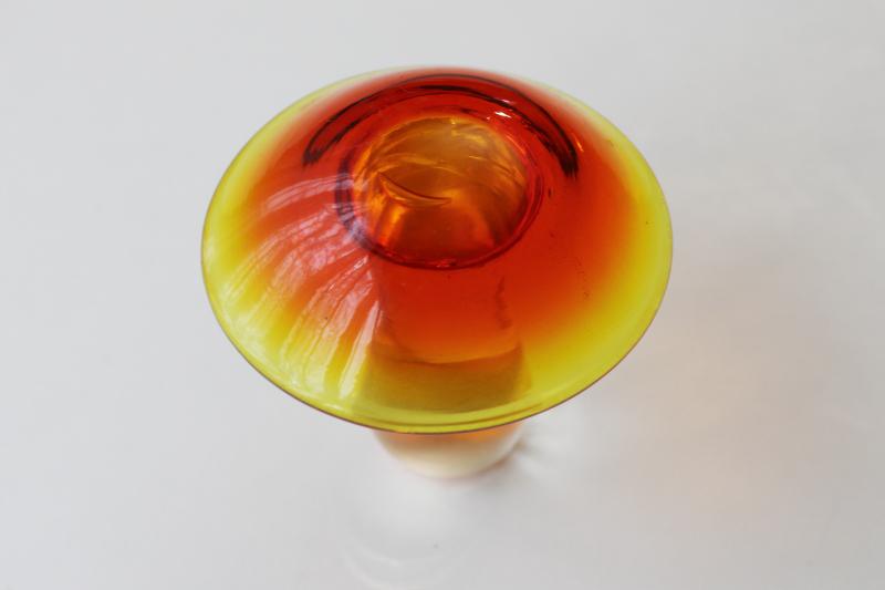 photo of vintage Viking glass mushroom paperweight, amberina red orange shaded color #2